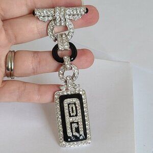 Vintage Art Deco Boho Silver Tone Drop Black Enamel Clear Rhinestone Brooch